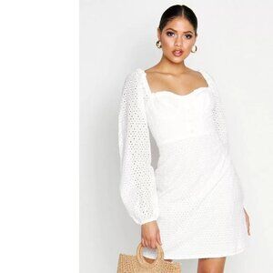 NWT Boohoo White Eyelet Lace Broderie Anglaise Sweetheart Neck Mini Dress